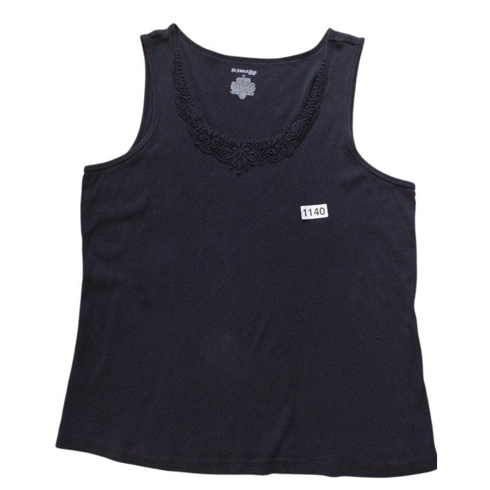 St John's Bay Tank Womens 1X Black Crochet Trim On V Neck  Sleeveless‎ Ribbed